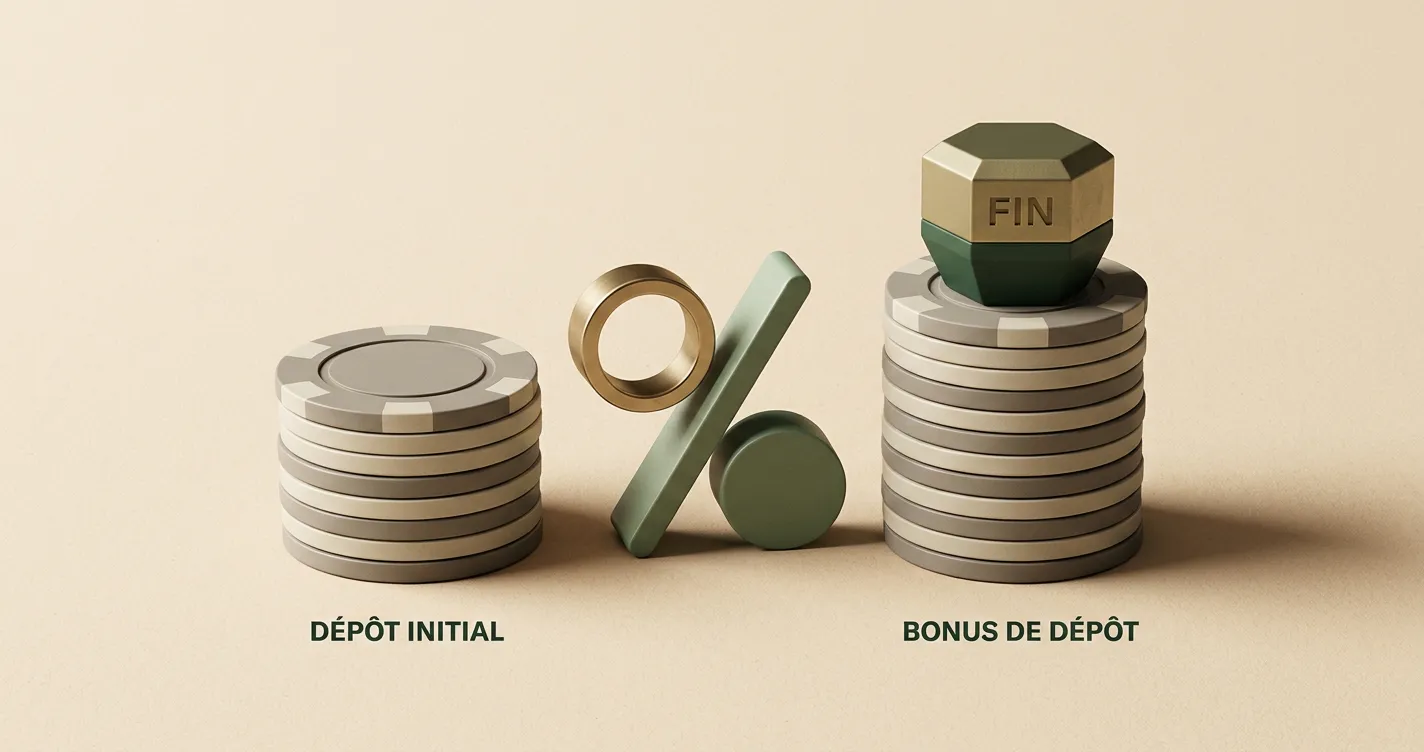 Illustration abstraite d'un bonus de dépôt avec jetons et pourcentage