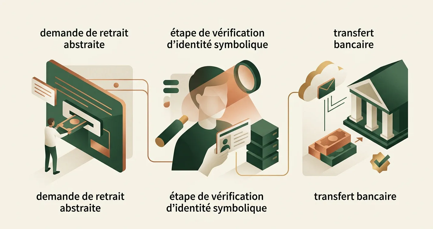 Illustration conceptuelle d'un retrait en trois étapes, de la demande au transfert bancaire