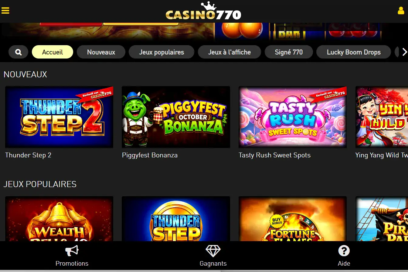 Capture du lobby Casino770 montrant plusieurs catégories de jeux et leurs vignettes
