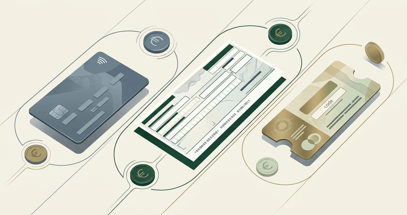Illustration de paiements en euros avec carte bancaire, virement et ticket prépayé