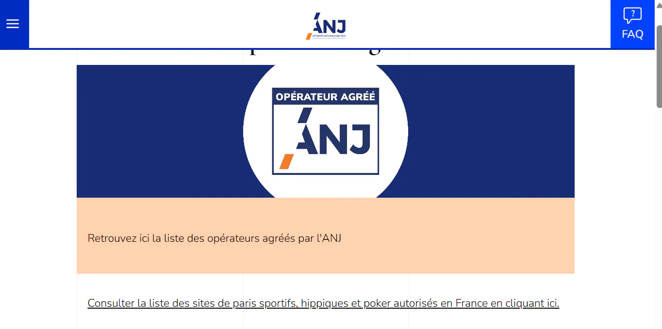 Capture de la liste officielle des opérateurs agréés par l'ANJ en France